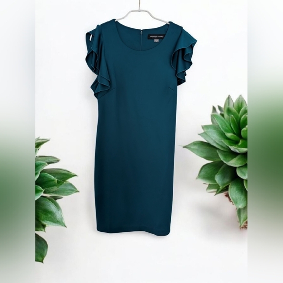 Andrew Marc Ruffle Sleeve Sheath Dress Color: Cypress, Size: 14 EUC - Picture 5 of 13